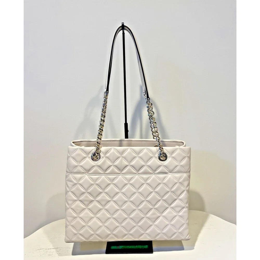 Kate Spade Carey Quilted Leather Large Tote Bag Chain Shoulder In Parchment